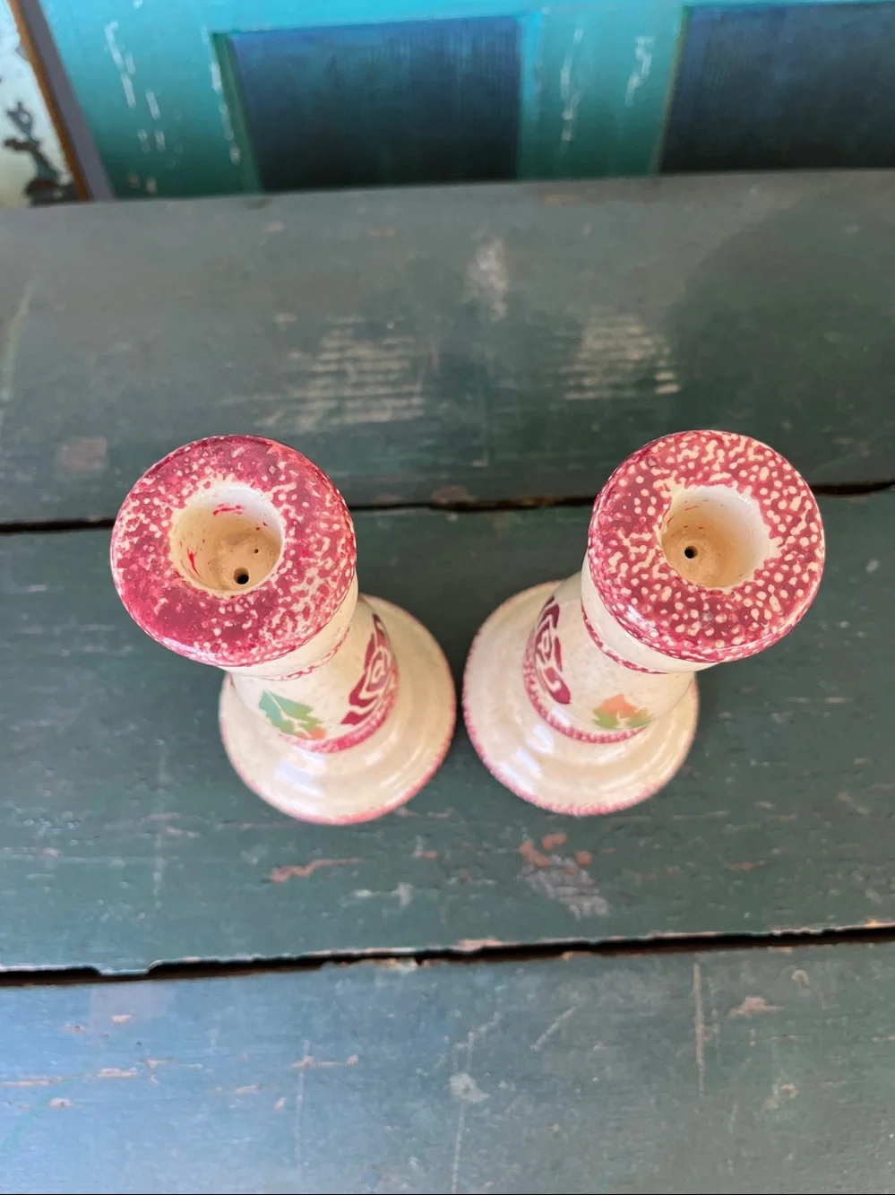Vintage ceramic taper candle holders with a cream spongeware finish
